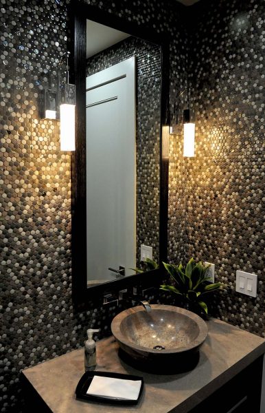 Decorative wall tile with vessel sink