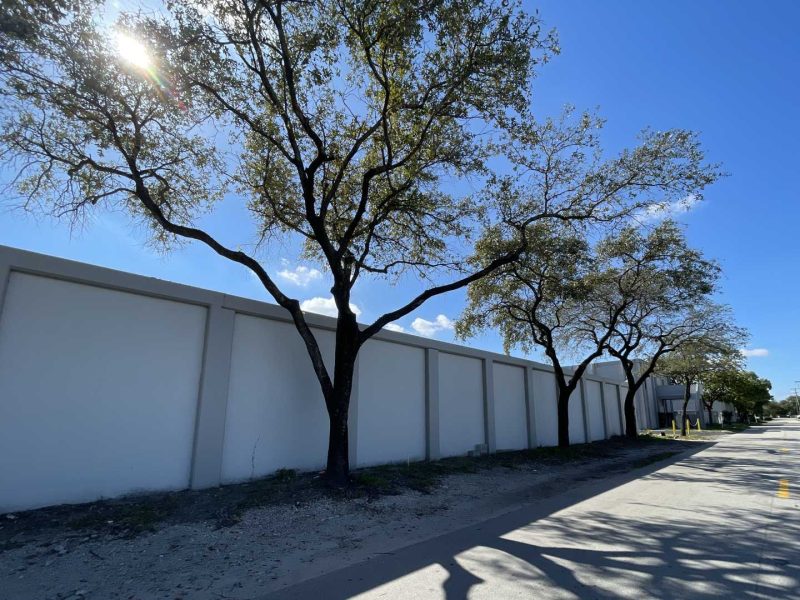A newly painted, multi-panel concrete security wall lined with established reshaped shade trees along a freshly paved commercial property perimeter road.